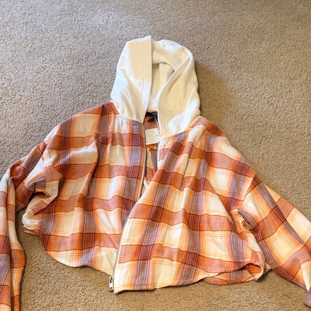 Forever 21 Orange Plaid Zip Hoodie with White Hood